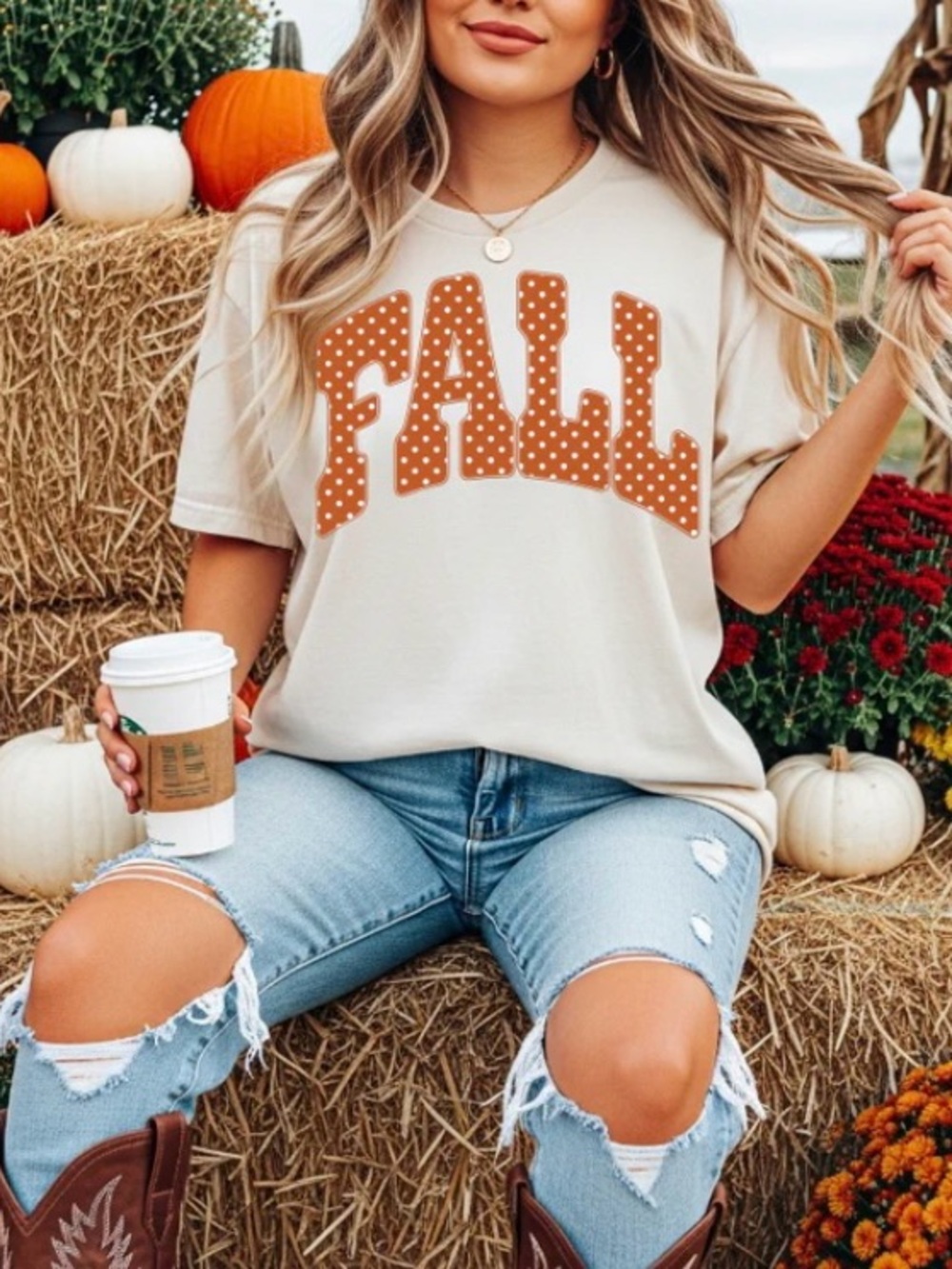 ‘ FALL' Graphic Tee with Rust Polka Dot Letters